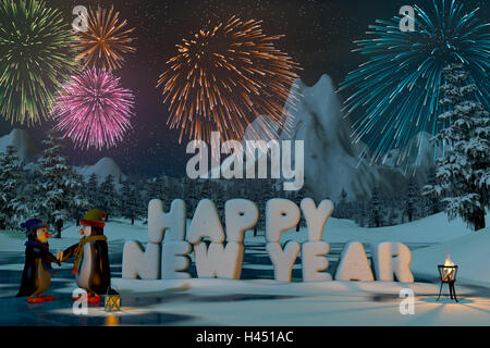 Fuochi d'artificio su un lago ghiacciato in un innevato paesaggio di montagna con i pinguini. Una rappresentazione in 3d. Foto Stock