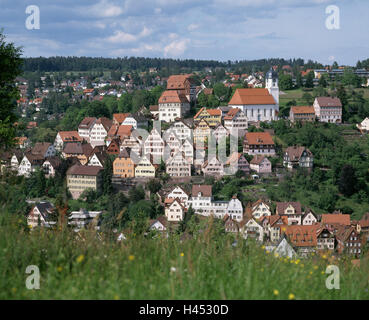 Germania, Baden-Württemberg, vecchio impasto, vista città, estate, Foresta Nera, case, case, edifici, chiesa parrocchiale, destinazione, turismo, Foto Stock