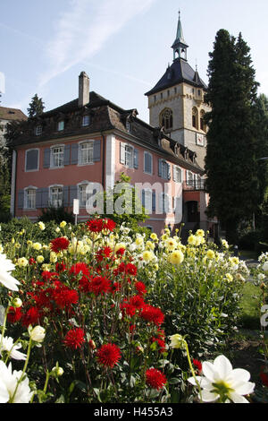 La Svizzera, Turgovia, Arbon, chiesa di San Martin, torre, casa rossa, fiori, destinazione, città e luogo di interesse, regione del Lago di Costanza, edificio, architettura, fuori, deserte, chiesa, costruzione sacra, Steeple, torre, la fede, la religione, il cristianesimo, l'estate, sole, Foto Stock