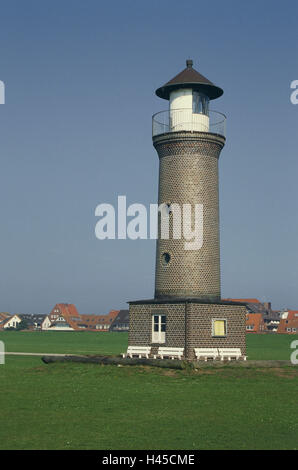 Germania, Bassa Sassonia, isola Juist, faro 'Memmertfeuer', East Friesland, isola, Juist, il Mare del Nord, nel Mare del Nord dell'isola, torre, struttura, luogo di interesse, navigazione, navigazione, guida, orientamento, navigazione, luogo di interesse, costa, Harbour, mare figura, Memmertfeuer, Foto Stock