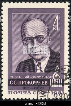 Un francobollo stampato in URSS, mostra ritratto del compositore sovietico Sergei Prokofiev, 1981 Foto Stock