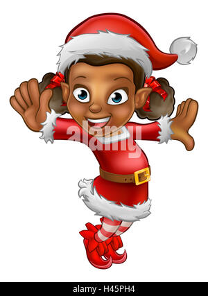 Un simpatico cartoon di ballo elf natale in un cappello da Babbo Natale e equipaggiamento Foto Stock