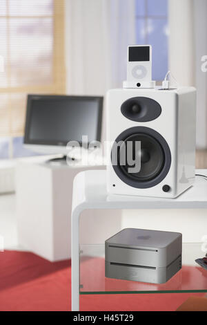 Apple, iPod video, Mac mini altoparlanti, schermo, dettaglio alcuna proprietà di rilascio, serie, elettronica, elettro-apparecchi, tecnologia, conversazione, conversazione-electronics, interni, rendering rendering-appliance di storage di medie, film, video, computer, disco rigido esterno, ulteriori, piccolo e praticamente, versatilely, Dockingstation, soggiorno, Foto Stock