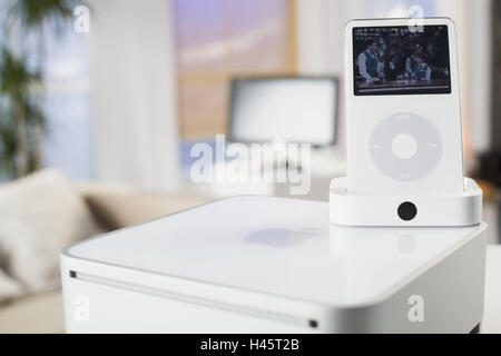 Apple, iPod video, Mac mini TV, sfocatura, alcuna proprietà di rilascio, serie, elettronica, elettro-apparecchi, tecnologia, conversazione, conversazione-electronics, interni, rendering rendering-appliance di storage di medie, film, video, computer, piccola, praticamente Foto Stock