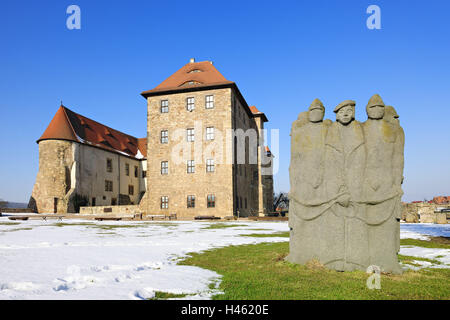 In Germania, in Turingia, castello d'acqua Heldrungen, Thomas Müntzer monumento, Foto Stock