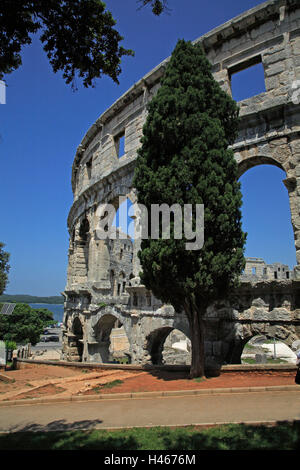 Croazia, Istria, Pola, arena, dettaglio, Europa, destinazione, città e luogo di interesse, la cultura, la struttura, architettura, prua, curve di pietra, archi a tutto sesto, storicamente, cielo blu, senza nuvole, albero, romano, Anfiteatro, Foto Stock