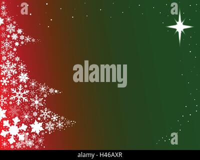 Il rosso e il verde dello sfondo con i fiocchi di neve nella forma di un albero di Natale. Illustrazione Vettoriale