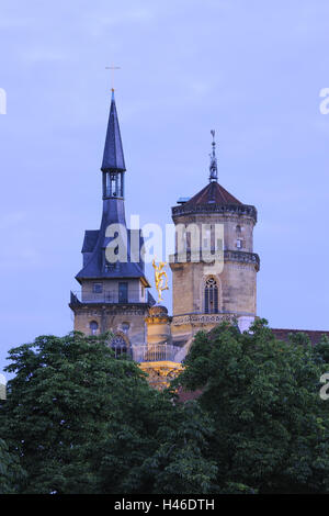 Germania, Baden-Württemberg, Stoccarda, Chiesa collegiata, esterno, Piazza Castello, architettura, edilizia, strutture, edifici, i campanili, luogo di interesse storico, fuori città, chiesa, Steeple, città delle torri, struttura, chiesa, religione, centro Foto Stock