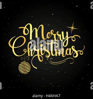 Buon Natale golden caratteri scritti a mano. Moderno vettore calligraphy con albero di natale sfera Illustrazione Vettoriale