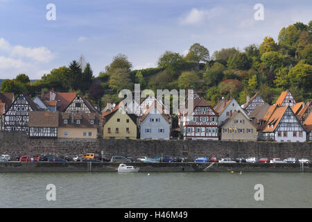 Hirschhorn sul fiume Neckar, Baden-Württemberg, townscape, fiume, parete, case, Foto Stock