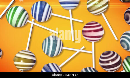Lecca lecca. Candy su stick su sfondo arancione. Il rendering 3d. Foto Stock