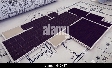 3D rendering del progetto architettonico, blueprint, Cianografia rotoli sui piani. Foto Stock