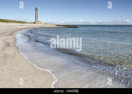 Danimarca, nello Jutland, Skagen, spiaggia, faro, mare, sabbia, spiaggia, erba, Mar Baltico, turismo, Skagerrak, acque, sole, nessun popolo, bandiera, orientamento, spedizione Foto Stock