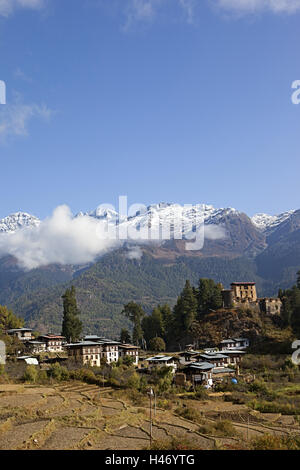 Regno del Bhutan, scenario della valle di Paro, Foto Stock