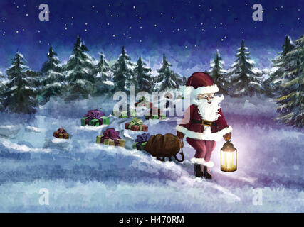 Illustrazione, legno, Santa Claus, scorrere, trascinare, presenta, perdere la lanterna, sera, abbonamento, pittura, Natale, per Natale, invernale, paesaggio invernale, legno invernale, alberi, scenario, il bordo della foresta, neve babbo natale, vai via, slitta via, custodia, o Foto Stock
