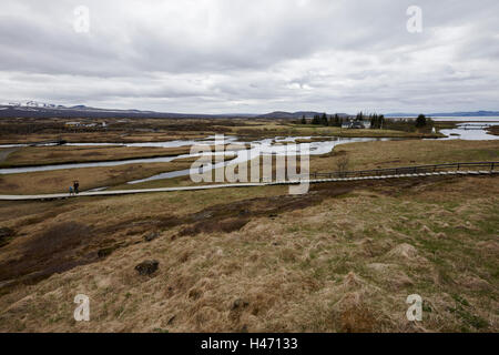 Dividere in placche continentali a Thingvellir parco nazionale di Islanda Foto Stock