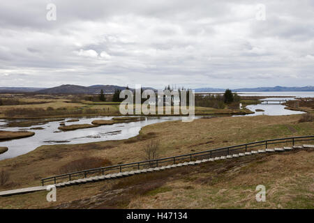 Dividere in placche continentali a Thingvellir parco nazionale di Islanda Foto Stock