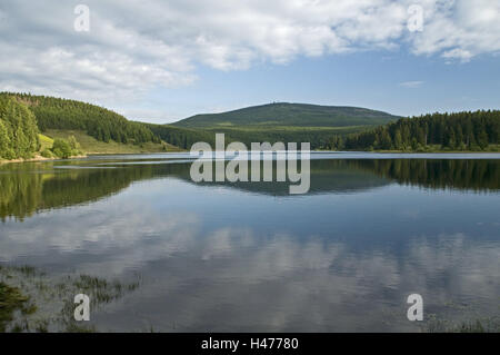 Germania, Sassonia-Anhalt, Harz, Eckertalsperre, grumi, vista lago, montagna, acque, lago di montagna, riflessione, paesaggi, bassa catena montuosa, acqua economia, montagne, montagna, diga, Foto Stock