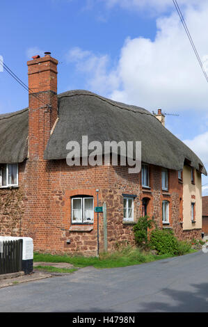 Cottage con il tetto di paglia, Sowton, Devon, Regno Unito Foto Stock