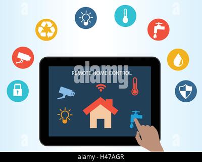 Concetto di casa intelligente tecnologia. Remote home il controllo online.home automation system su una tavoletta digitale. Smart Home Tecnologia Illustrazione Vettoriale