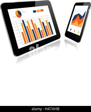 Tablet PC e smartphone con il grafico delle statistiche. Concetto di analisi di progetto, una relazione finanziaria e di strategia, analisi finanziaria Illustrazione Vettoriale