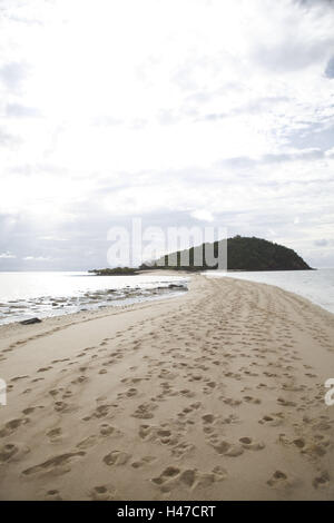 Mare, banco di sabbia, impronte, Australia, Isole Whitsunday, Mondo Natura erede, sabbia, isola paradiso, paradiso naturale, Coral Island, tropicali, reef, mare, acqua, impressioni, tracce al di fuori, deserte, solitudine, Foto Stock