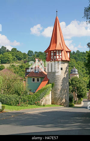 In Germania, in Baviera, Market-ampiamente con il principale, Flurerturm, Market-ampiamente, Città Vecchia, Flurer, torre, di fissaggio attacco, fortificazione della città, fuori, Medioevo, sole, Foto Stock