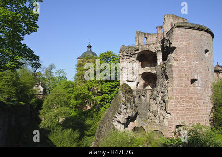 Heidelberg, serratura, Fossato, torre rovina, Baden-Württemberg, Germania, Foto Stock