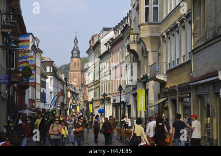 Heidelberg, high street, steeple mente santa chiesa, zona pedonale, Baden-Württemberg, Germania, Foto Stock