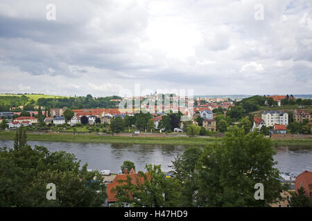 Vista dalla collina del castello a Meißen e l'Elba, Foto Stock