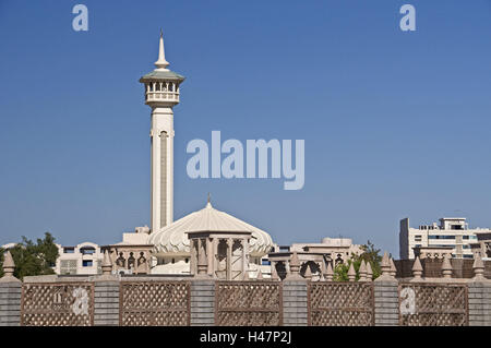 VAE, Dubai, Bastakiya, moschea, torri del vento, Città Vecchia, architettura, edilizia, ripristina, raffreddamento, religione, fede, minareto, torre, grace note, recinzione, Foto Stock