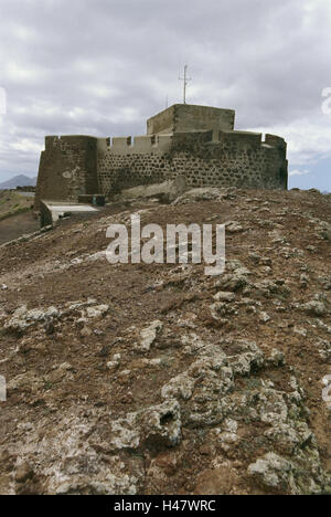 Spagna, Canarie, isola di Lanzarote, Teguise, fortezza Castillo de Santa Barbara, difesa, impianto militare, architettura, Trutz, castello Trutz, pareti, lungimiranza, scenario, scarse, remoto al di fuori, deserte, Foto Stock