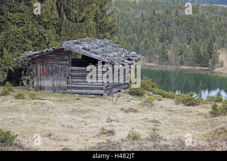 Vecchia baita in legno in corrispondenza del bordo della foresta di fronte al lago, Foto Stock