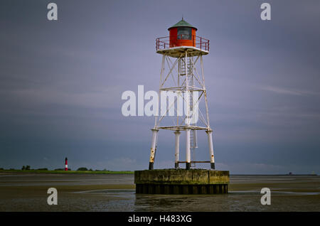 Germania, Schleswig-Holstein, Pellworm, velme, il Wadden Sea, faro, Unterfeuer, Foto Stock