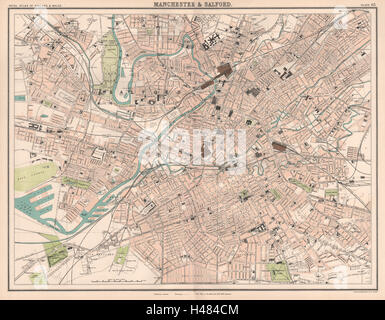 MANCHESTER & Salford città antica città di piani. Bartolomeo 1898 mappa vecchia Foto Stock