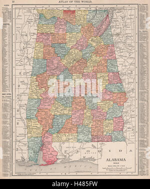 Lo stato dell'Alabama mappa che mostra le contee. RAND MCNALLY 1912 antica grafico Foto Stock