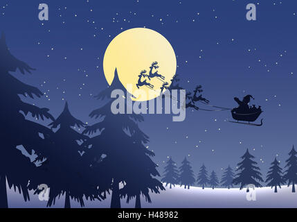 Illustrazione, Santa Claus, renne slitta, volare, distribuire regali di Natale, legno, notte di luna, grafica, Natale, per Natale, invernale, paesaggio invernale, inverno legno, alberi, paesaggio, neve, Santa Claus, volo, slitta, le renne, pacchetti, presenta, Foto Stock