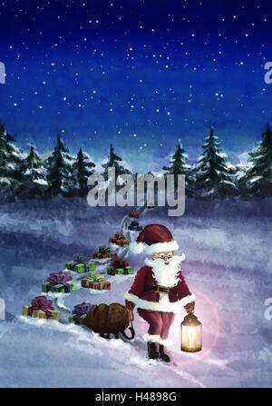 Illustrazione, legno, Santa Claus, scorrere, trascinare, presenta, perdere la lanterna, sera, abbonamento, pittura, Natale, per Natale, invernale, paesaggio invernale, legno invernale, alberi, scenario, il bordo della foresta, neve babbo natale, vai via, slitta via, custodia, o Foto Stock