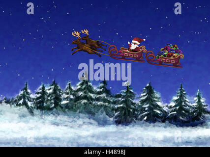 Illustrazione, Santa Claus, renne slitta, volare, distribuire regali di Natale, sera, abbonamento, pittura, Natale, per Natale, invernale, legno, paesaggio invernale, legno invernale, alberi, scenario, il bordo della foresta, neve babbo natale, volo, slitta, rei Foto Stock