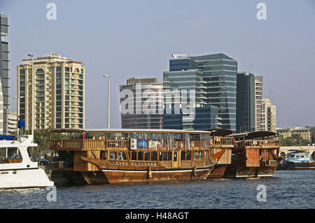 VAE, Dubai Creek, alta sorge, edifici commerciali, porto Dhow, Foto Stock