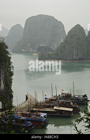 Il Vietnam, Halong Bay, isola di mondo, roccia calcarea, barca per gite, porto, Foto Stock