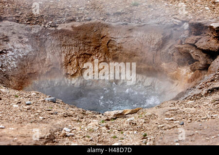 Acqua calda con gorgogliamento e geologici chimica depositi causati da acqua di geyser geysir overflow Islanda Foto Stock