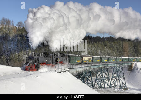 In Germania, in Sassonia, Oberwiesenthal, locomotiva a vapore,, neve, bridge Foto Stock