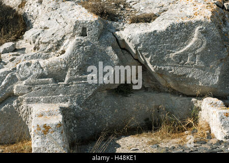 Grecia CICLADI Santorini, Kamari, Alt-Thera, pietra a rilievo, Lion e bird, Foto Stock