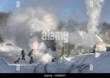 In Germania, in Sassonia, Hammerunterwiesenthal, persone locomotiva a vapore,, neve Foto Stock