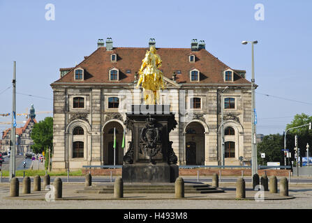 Goldener Reiter statua equestre, Blockhaus, Neustadt di Dresda, Sassonia, Germania, Foto Stock