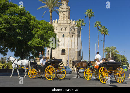 Spagna, Andalusia, Siviglia, torre araba, la Torre del Oro, carrozze trainate da cavalli, Foto Stock