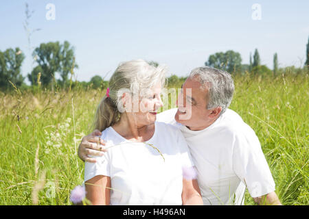 Coppia senior felicemente seduto su un prato, Foto Stock