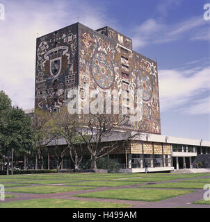 Messico, Città del Messico, UNAM University, Biblioteca Centrale, America Centrale, città capitale, zona universitaria, università, edificio, architettura, facciata facciata, creazione, pietra mosaico, luogo di interesse, biblioteca, libreria, biblioteca universitaria, biblioteca universitaria, Foto Stock