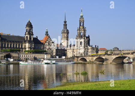 Elba prati, Augustusbrücke, Duomo, Castello, Ständehaus, Dresda, Sassonia, Germania, Foto Stock